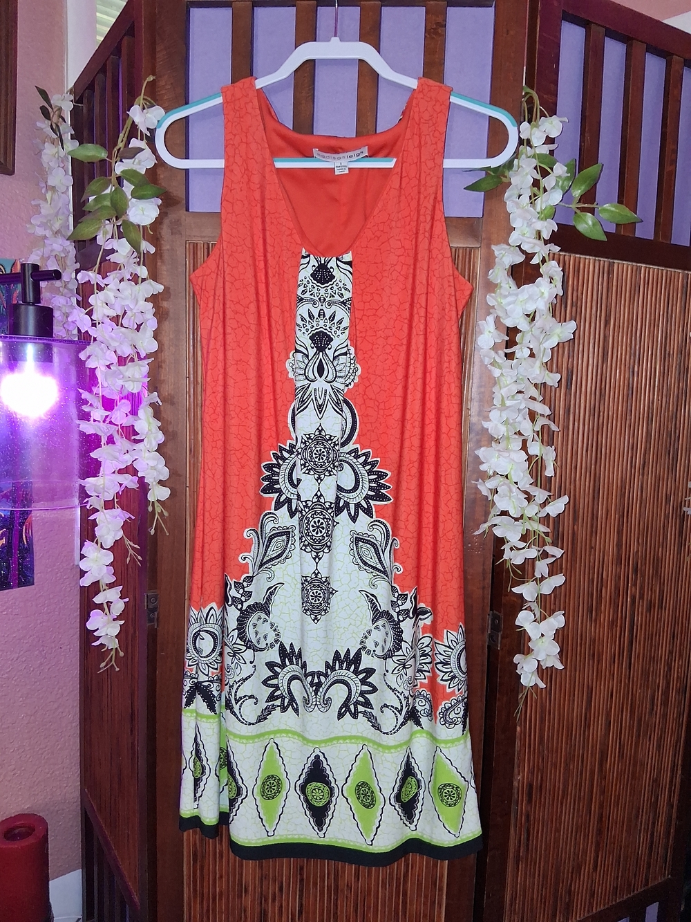 madison leigh Sleeveless Midi Dress Orange with Black & Lime Accent